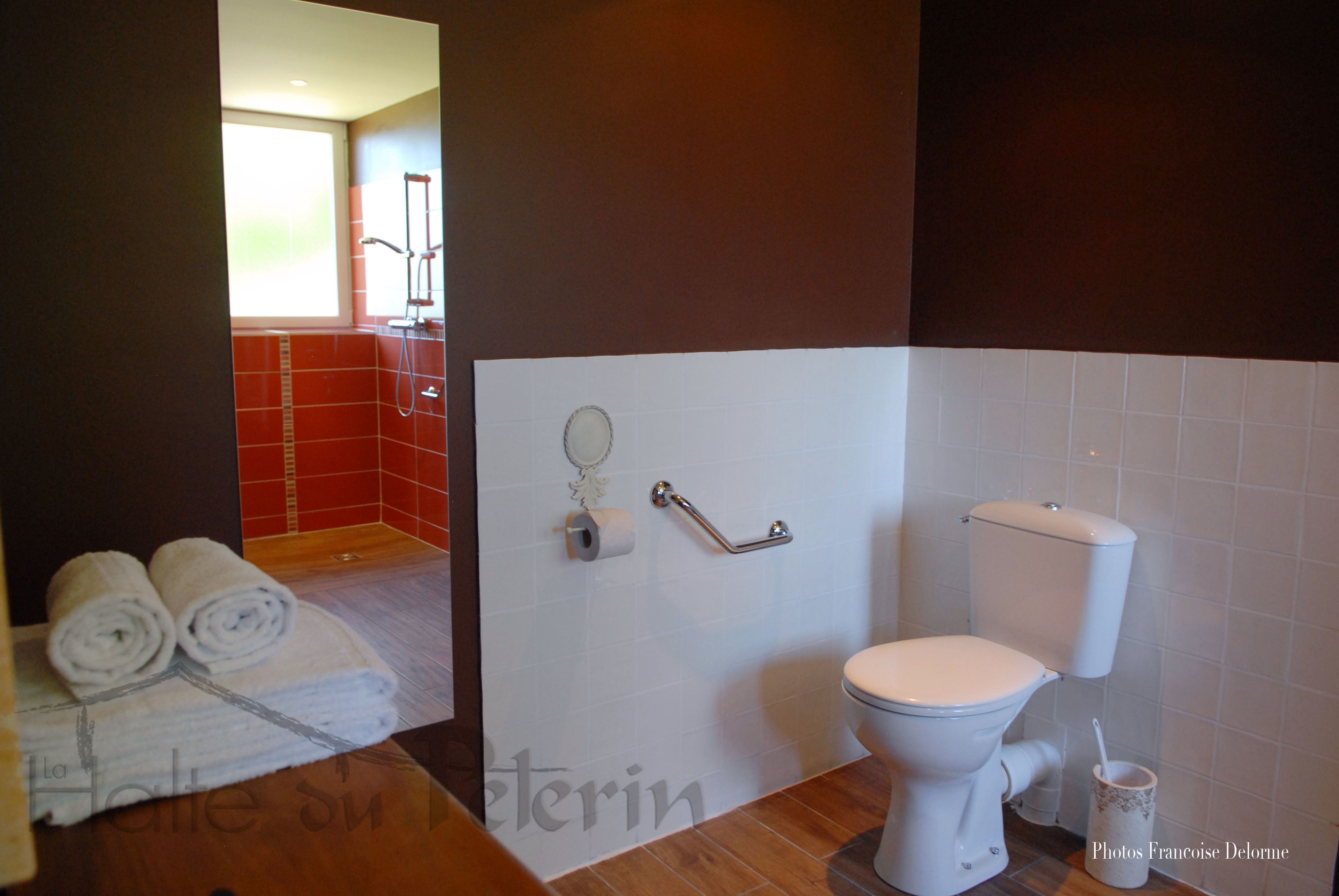 A bathroom with a toilet, handrails, a towel rack with towels, and a window.