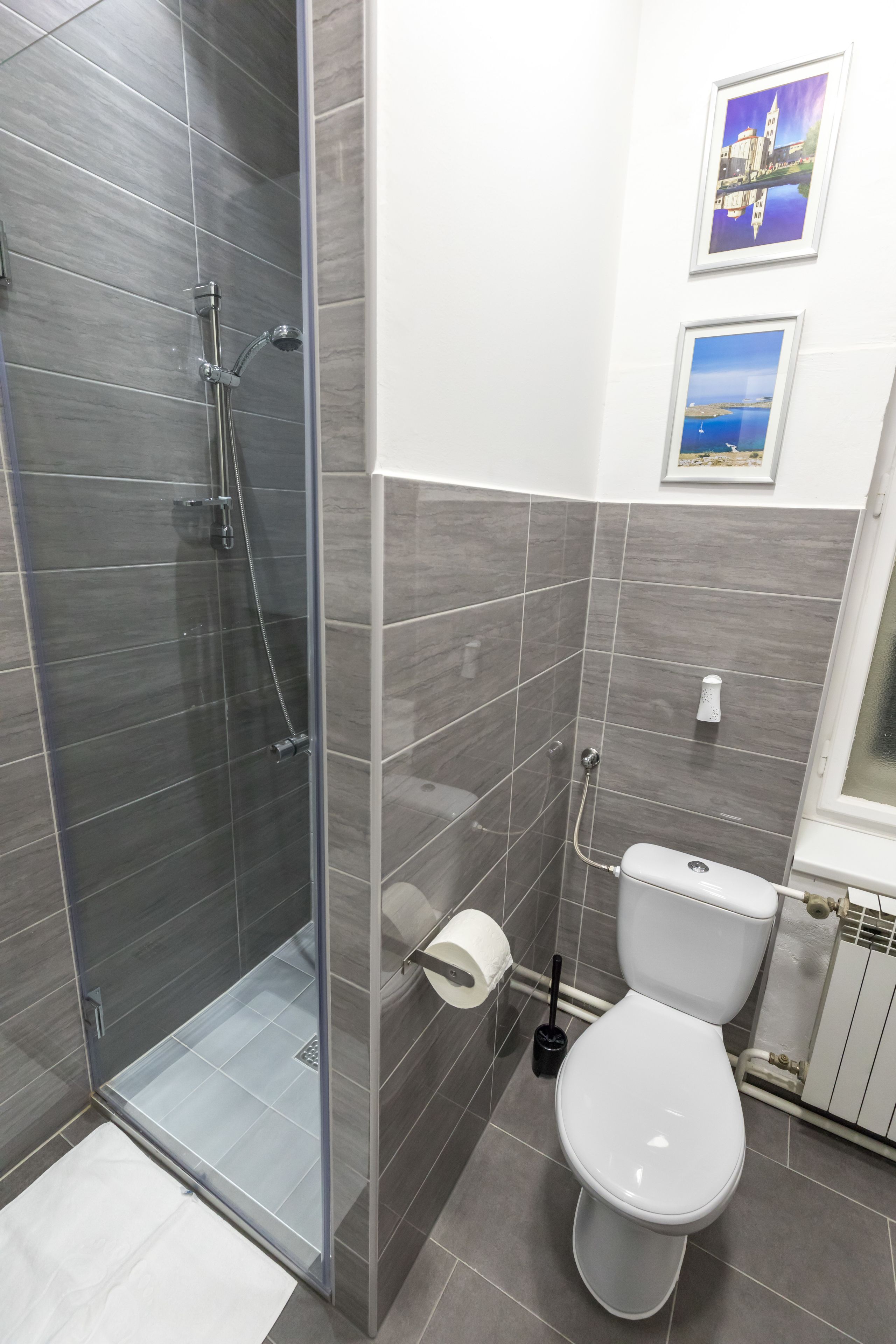 Un baño con ducha de vidrio, inodoro y dos cuadros en la pared.