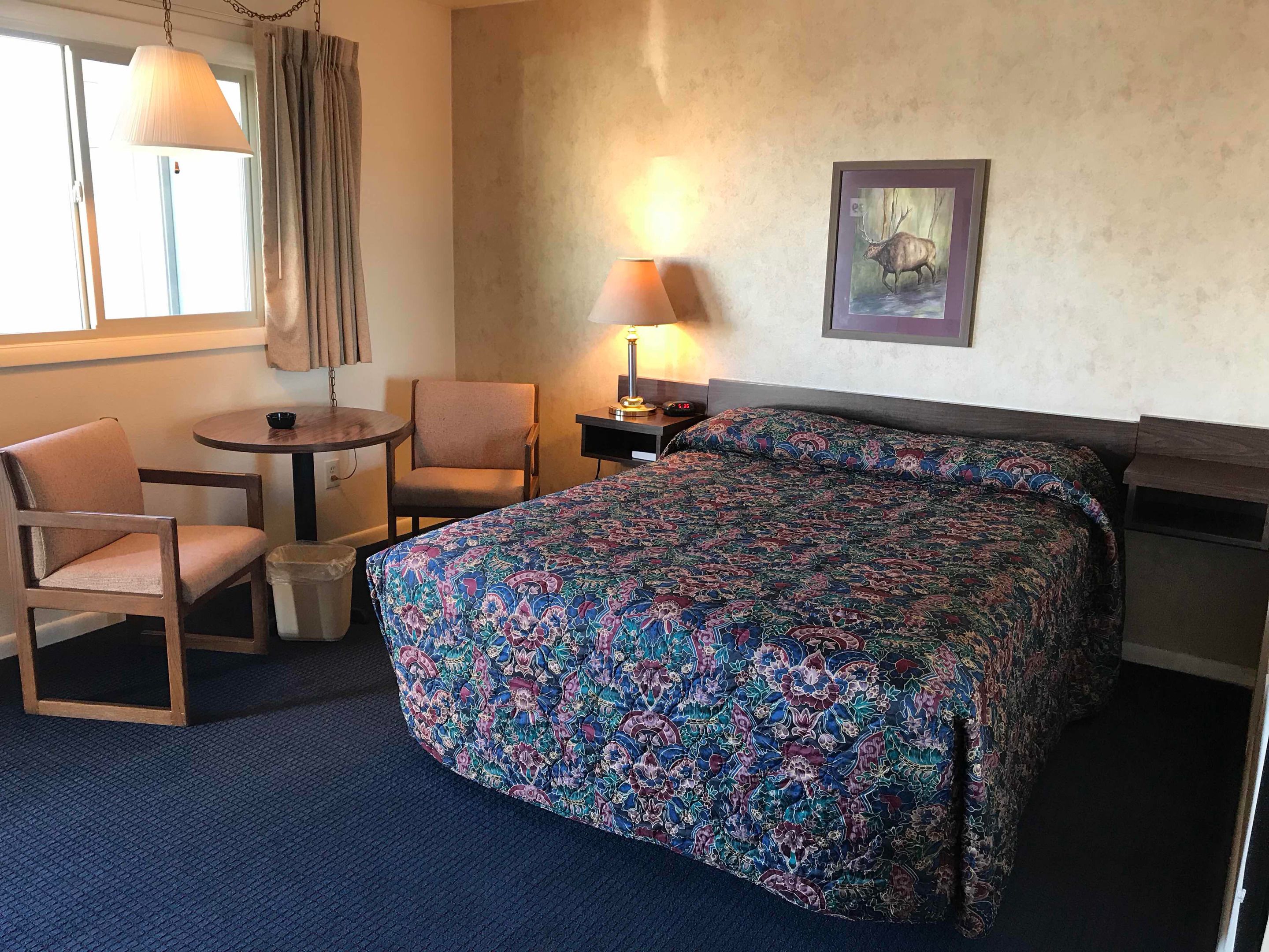 Habitación de hotel con cama, dos sillas, una mesita, una lámpara y un cuadro en la pared.