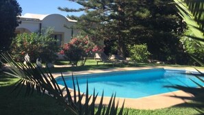 Une piscine entourée d’une végétation luxuriante et d’un grand arbre.