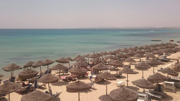 Une plage bordée de rangées de parasols et de chaises longues.
