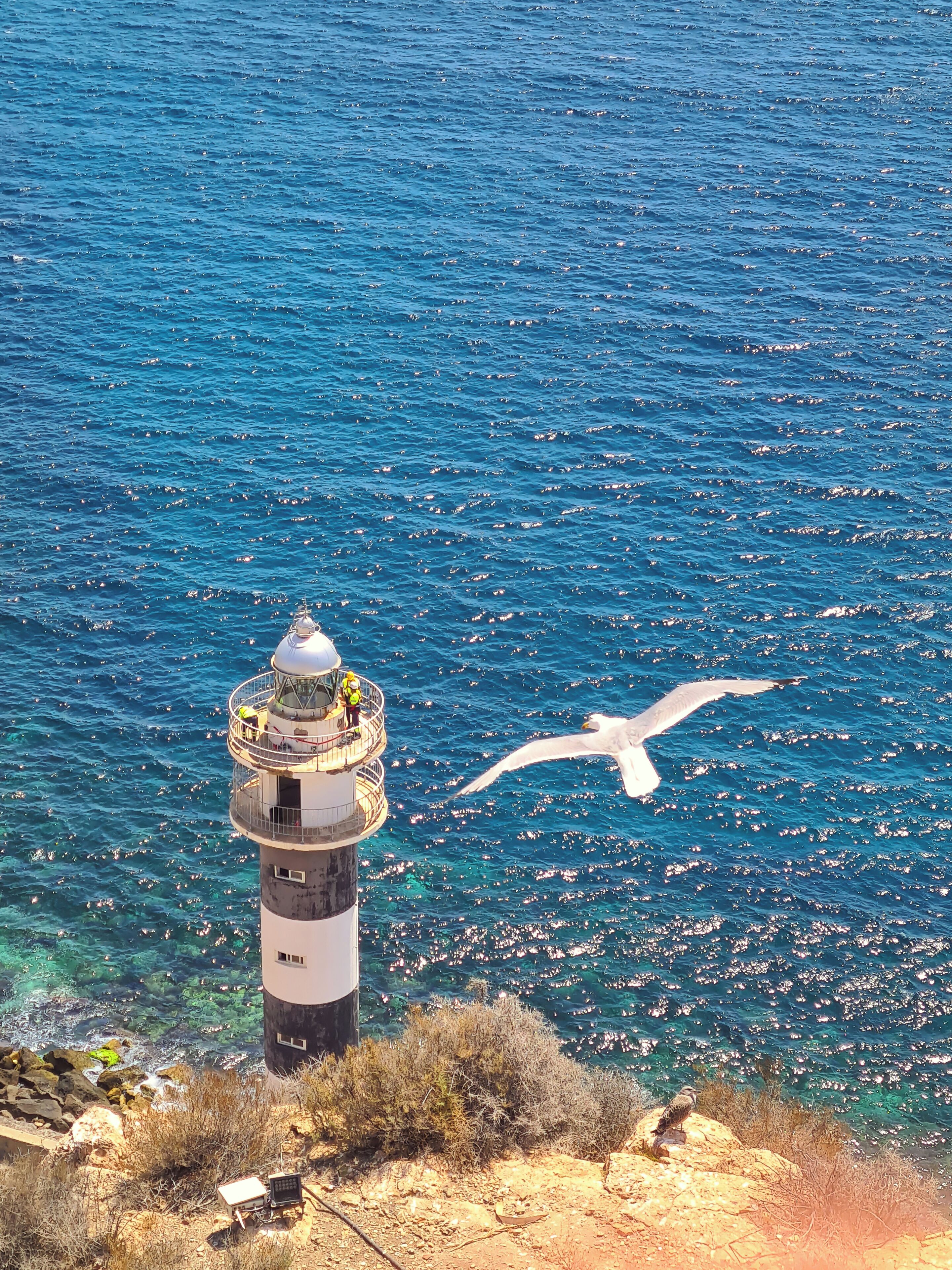 Un faro con una plataforma de observación circular, ubicado junto al mar, con aguas cristalinas y terreno rocoso en primer plano.