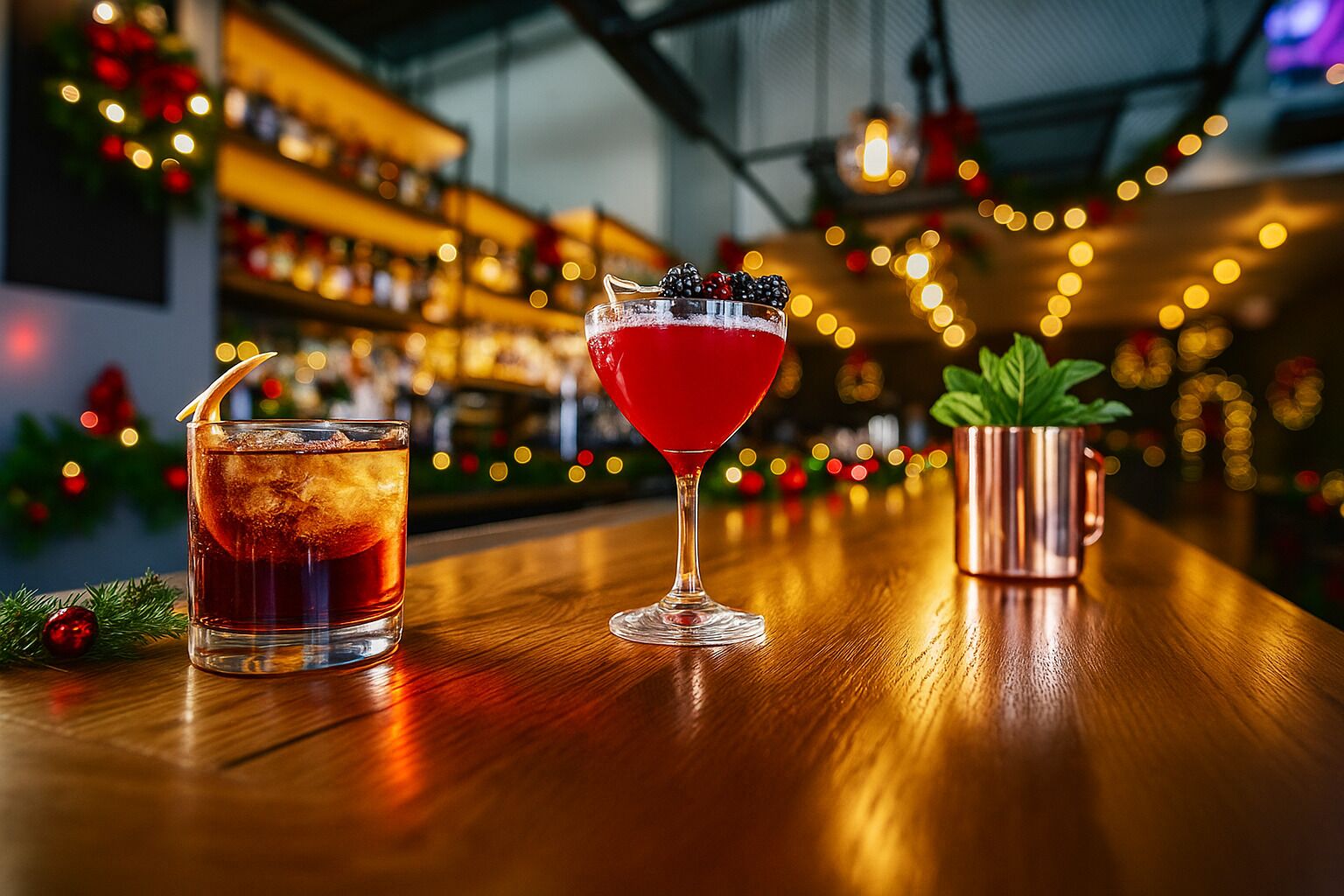 Un bar con una copa de bebida color ámbar, un cóctel rojo con decoración y un vaso de cobre sobre una mesa de madera.