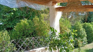 An outdoor patio with a wooden pergola, a table set for dining, and a potted plant. - Vacation home in Luberon in the heart of Provence WIFI Free Fiber (Lauris)