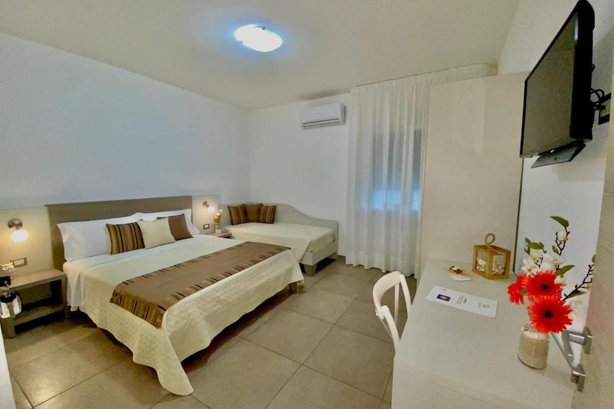 Habitación de hotel con dos camas, televisión, espejo y una mesita con un florero.