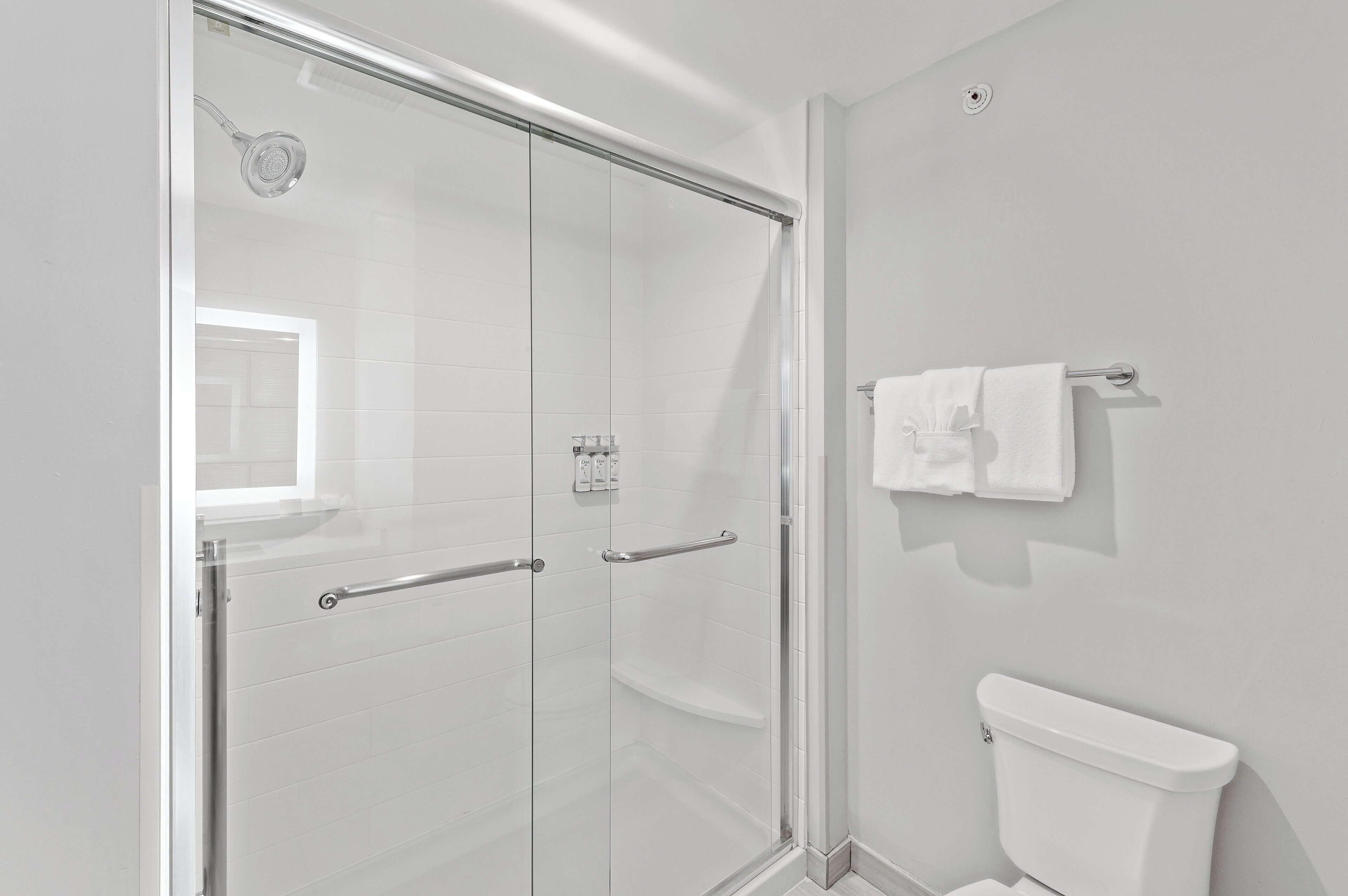 A modern bathroom with a glass-enclosed shower, a toilet, and a towel rack.