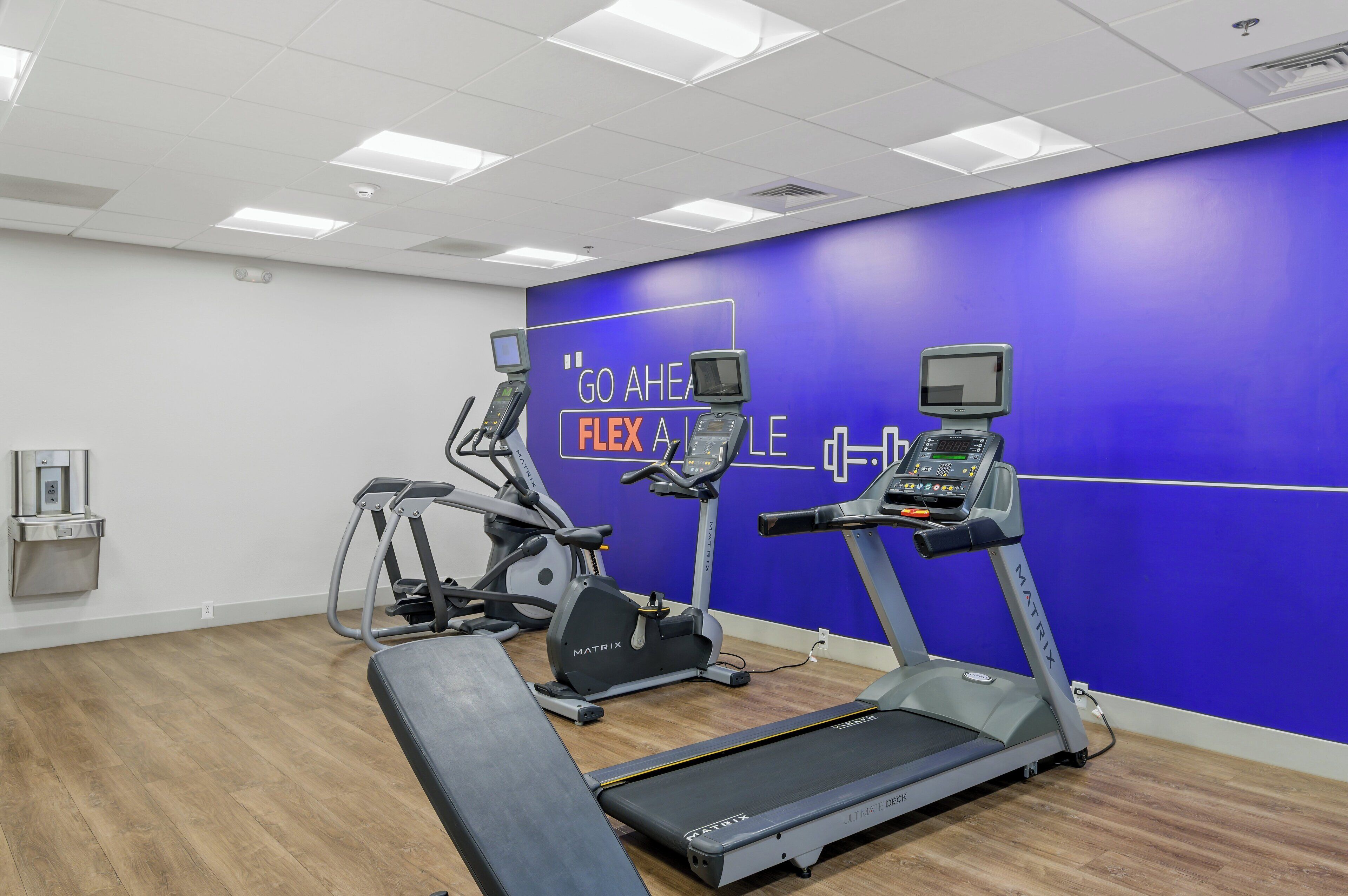 Un gimnasio con cintas de correr, elípticas y una banca.