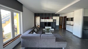 A modern living room with a grey sectional sofa, a flat-screen TV, and a built-in entertainment unit. - 2 bedroom house with modern furniture1 suite with toillet, terrace /25 km Porto (Cedofeita)