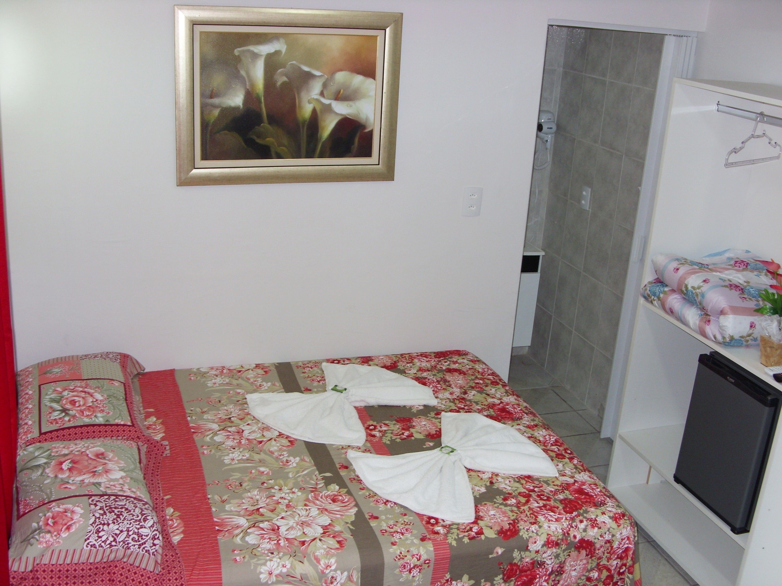 A hotel room with a bed, a shower, and a TV.