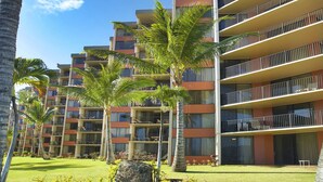 Un hotel de varios pisos con balcones, rodeado de palmeras y un césped bien cuidado.