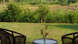 A round table with a vase of flowers in the center, surrounded by two wicker chairs. - Sigiriya vista (Avudangawa)