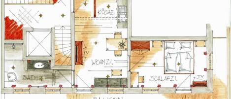 A floor plan of a hotel with labeled rooms including a kitchen, bathroom, living room, and balcony.