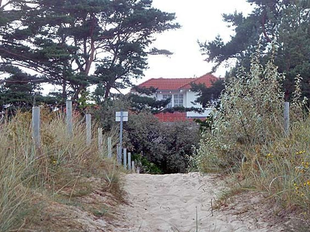 A sandy path leading to a house with a red roof, surrounded by trees and shrubs.