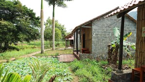 Un edificio rústico de piedra con tejado de baldosas, rodeado de exuberante vegetación y un sendero de jardín.