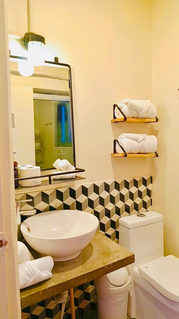 A bathroom with a large white sink, a toilet, and a mirror. There are towels on a shelf and a roll of toilet paper on the counter.