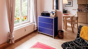 A cozy room with a wooden floor, a blue cabinet, a dining table with chairs, a kitchen area, and a window with curtains. - Old village pitcher FW 3 - FW 3, north-east (Kronsgaard)