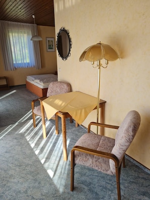 A room with a table, two chairs, a floor lamp, a bed, a window with curtains, and a wall-mounted mirror. - Double room no. 22 - Waldpension Rabeneck (Waischenfeld)