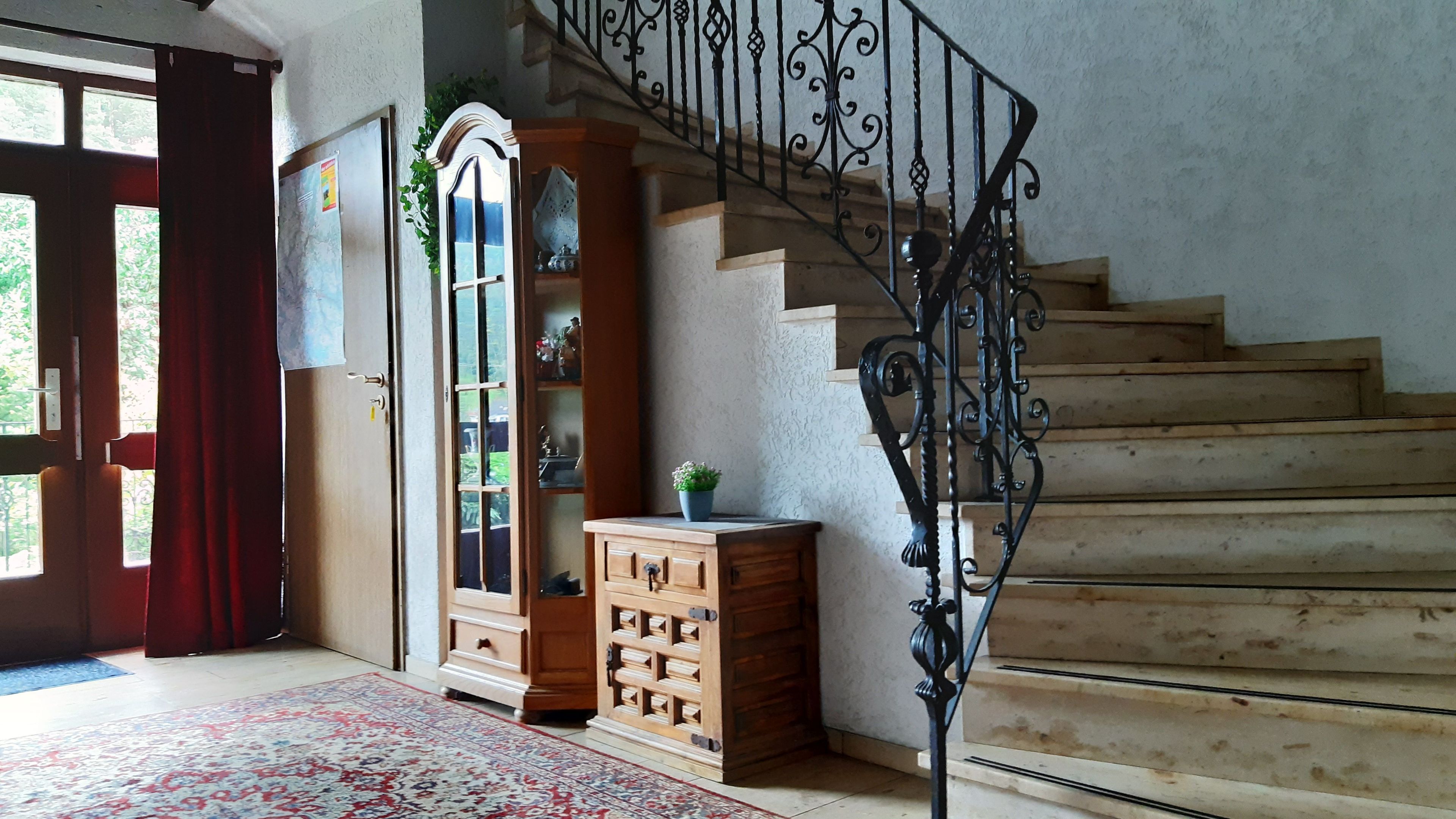 Un escalier avec une rampe en fer forgé, un meuble en bois doté de portes en verre et un tapis à motifs.