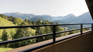 A view from a balcony with a metal railing, overlooking a mountainous landscape with trees and distant hills.