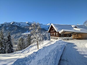Un chalet dont le toit est recouvert de neige, entouré d’arbres et de montagnes également enneigés.