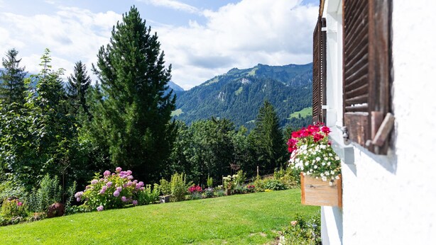 A garden with a mountain view, a white building with wooden shutters, and a hanging flower basket.