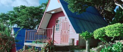 Une petite maison colorée, avec une porte rouge et un toit bleu, entourée d’une végétation luxuriante.