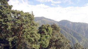 A mountainous landscape with dense green foliage and a clear sky. - Hotel Goher (Dalhousie)