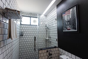 Shower, free toiletries, hair dryer, towels