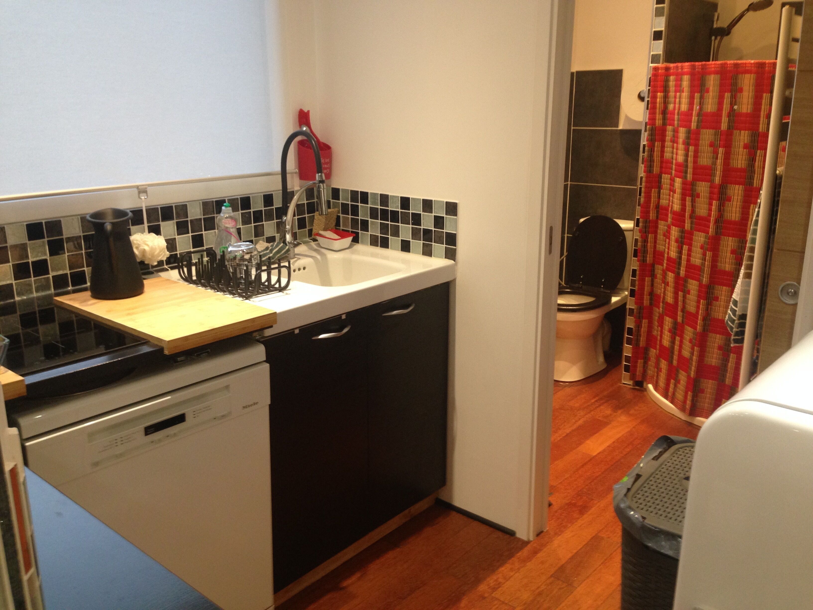 A compact kitchen with a dishwasher, a sink with a faucet, and a wooden countertop.