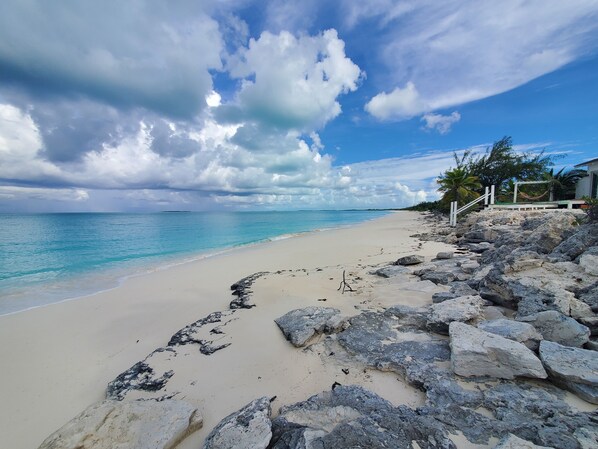 On the beach, sun-loungers, beach towels