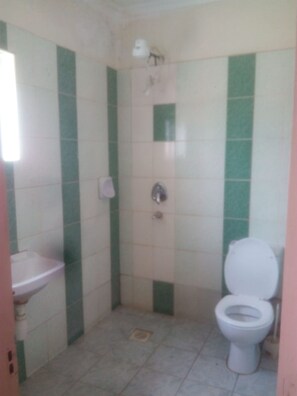 Ein kleines Badezimmer mit Toilette, Waschbecken und Dusche.