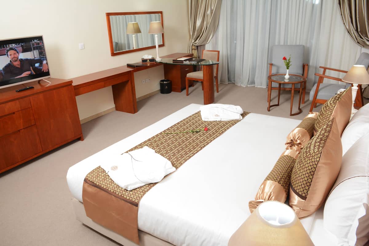 A hotel room with a bed, desk, chair, and television.