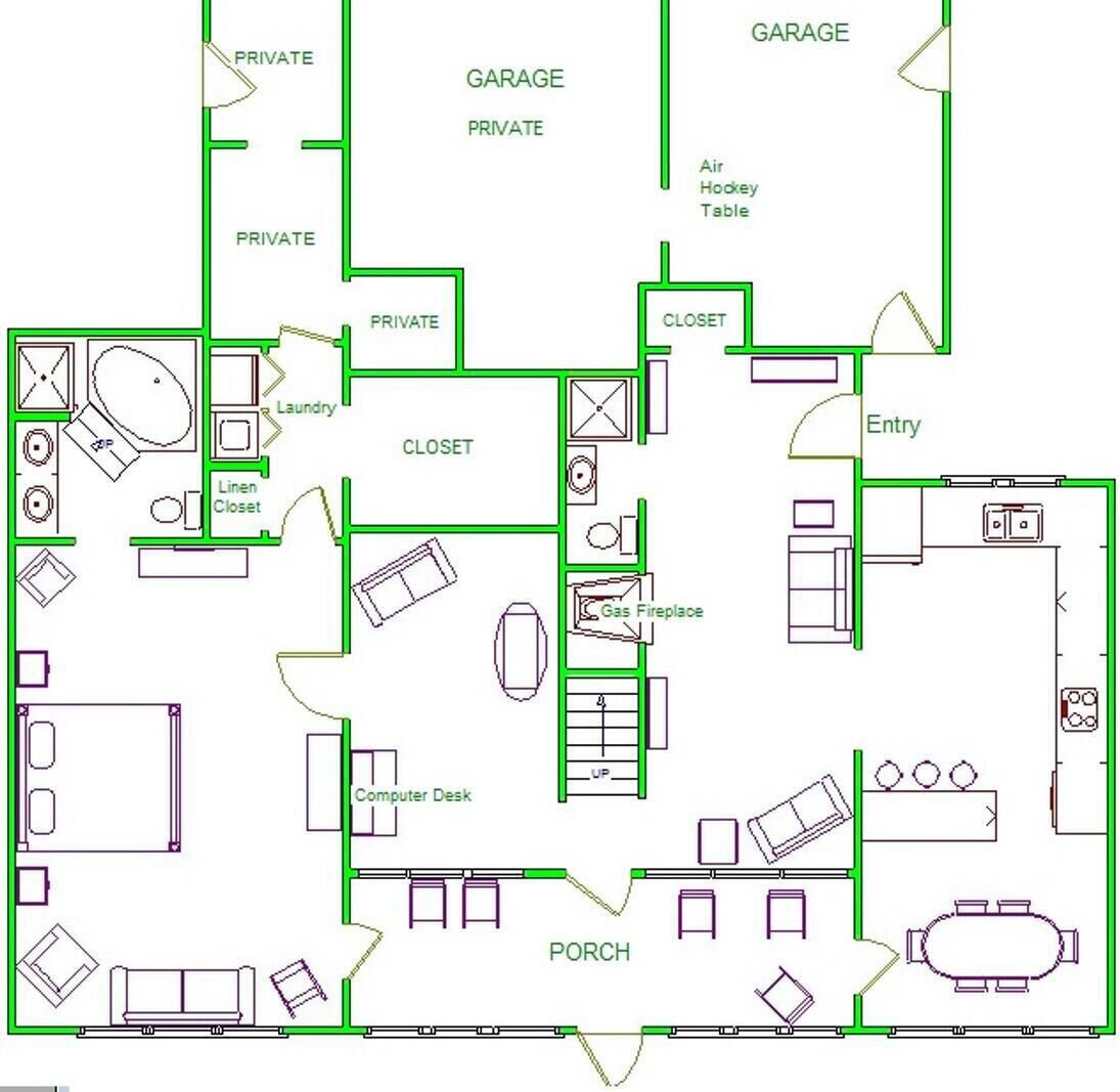 A floor plan with a private garage, closets, a porch, and a computer desk.