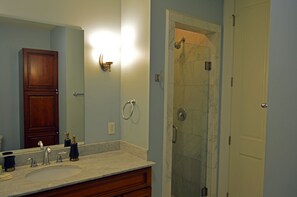 Douche, sèche-cheveux, serviettes fournies, savon