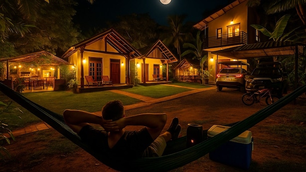 Una persona descansando en una hamaca en un patio luminoso con varios edificios, un coche a la vista y una bicicleta.