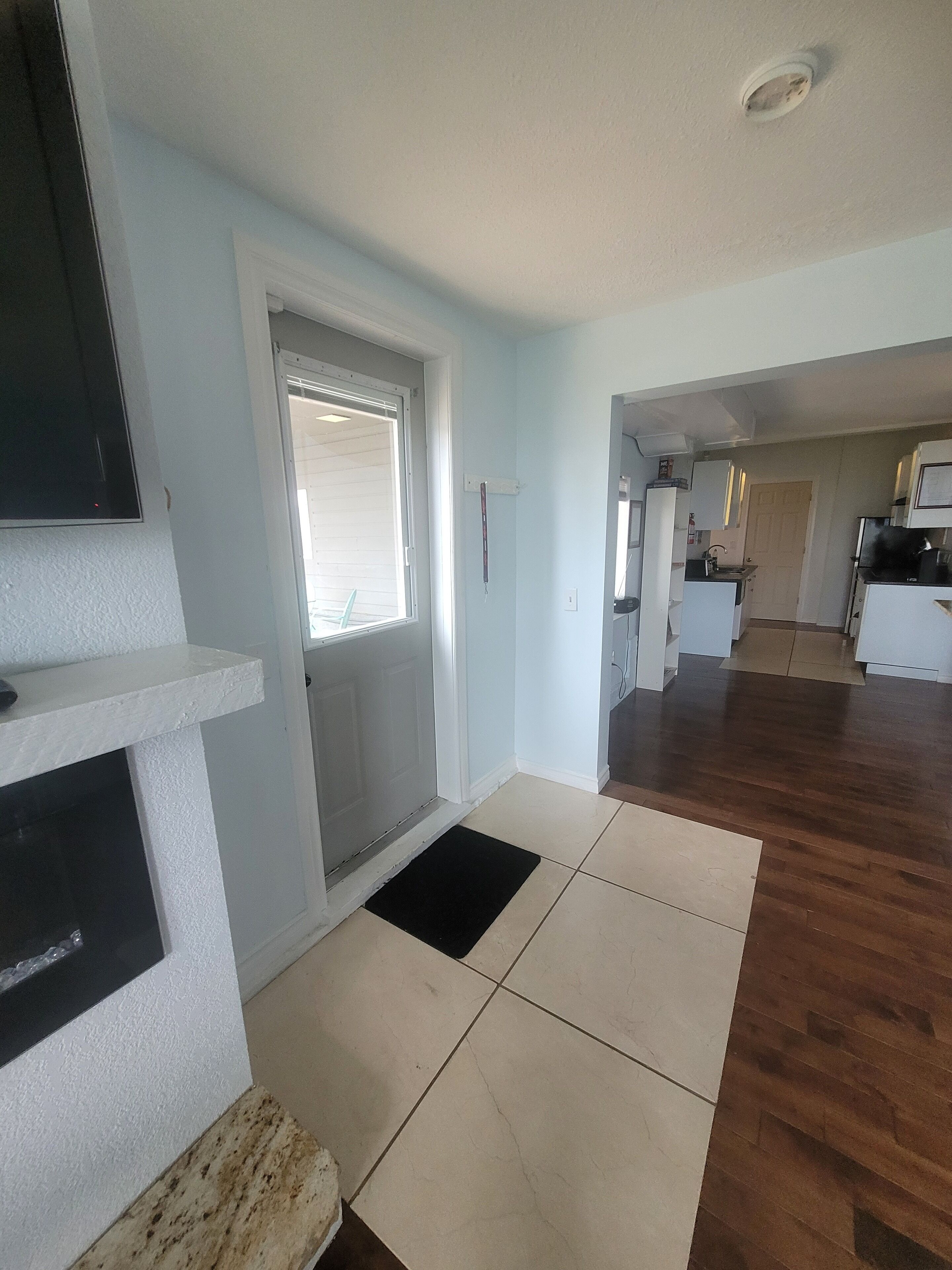 A spacious living area with a large window, a black mat at the entrance, and a kitchen in the background.