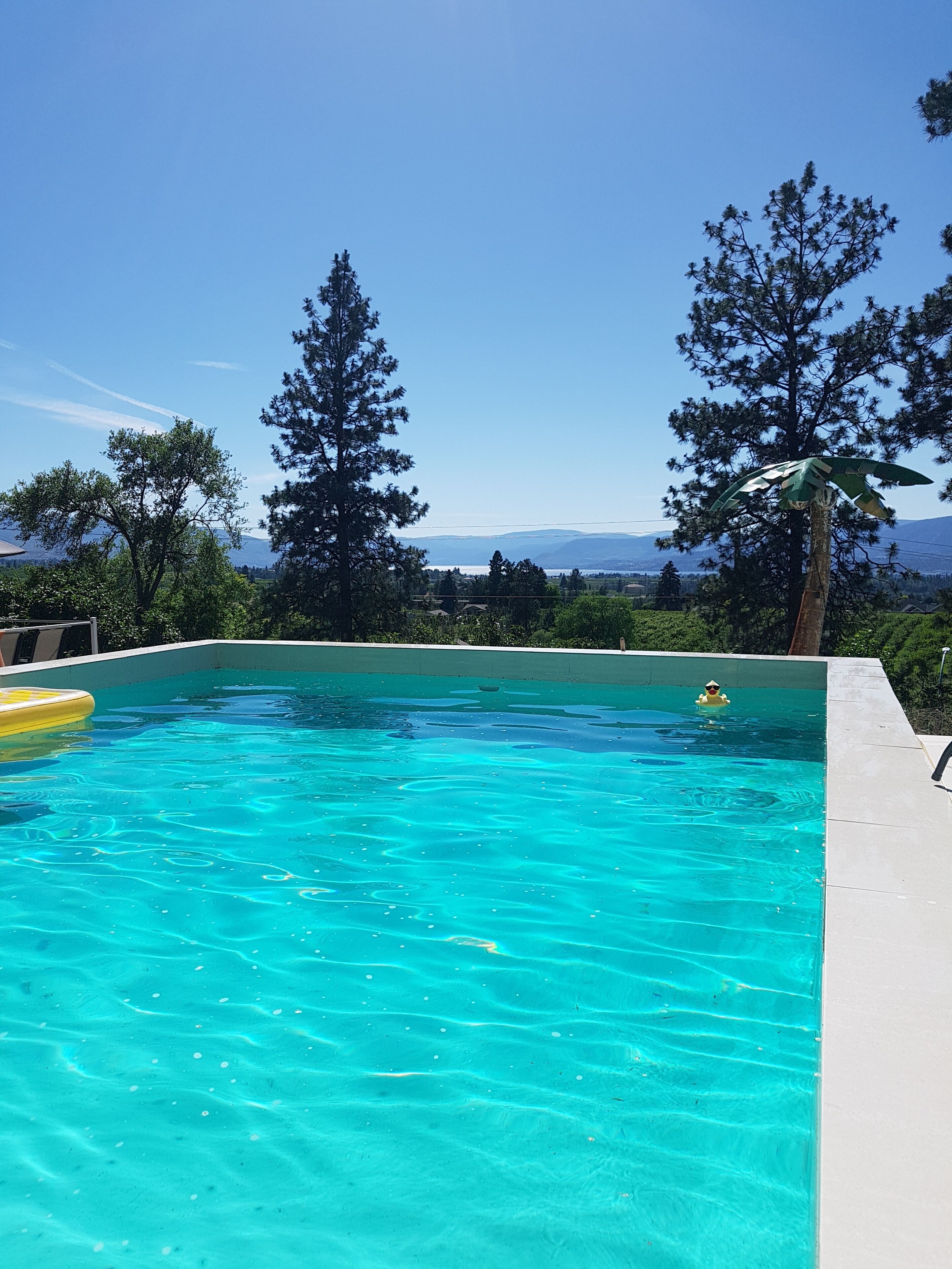 Une piscine d’eau cristalline, d’un bleu éclatant, avec en arrière-plan une vue sur des montagnes et des arbres.