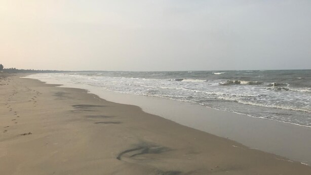 A beach with footprints leading to the water, a calm sea, and a clear sky. - Reef Pasikudah (Nasuvantivu)