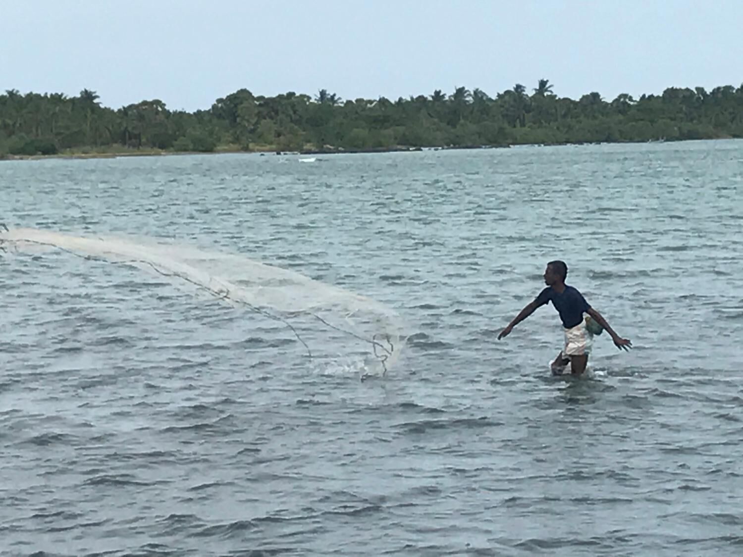 A person standing in a body of water, holding a fishing net.