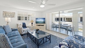 A living room with a sofa, armchair, and coffee table. There is a television and a ceiling fan. The room has large windows and a view of the outside.