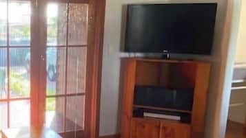 Télévision, cheminée, lecteur de DVD, chaîne hi-fi