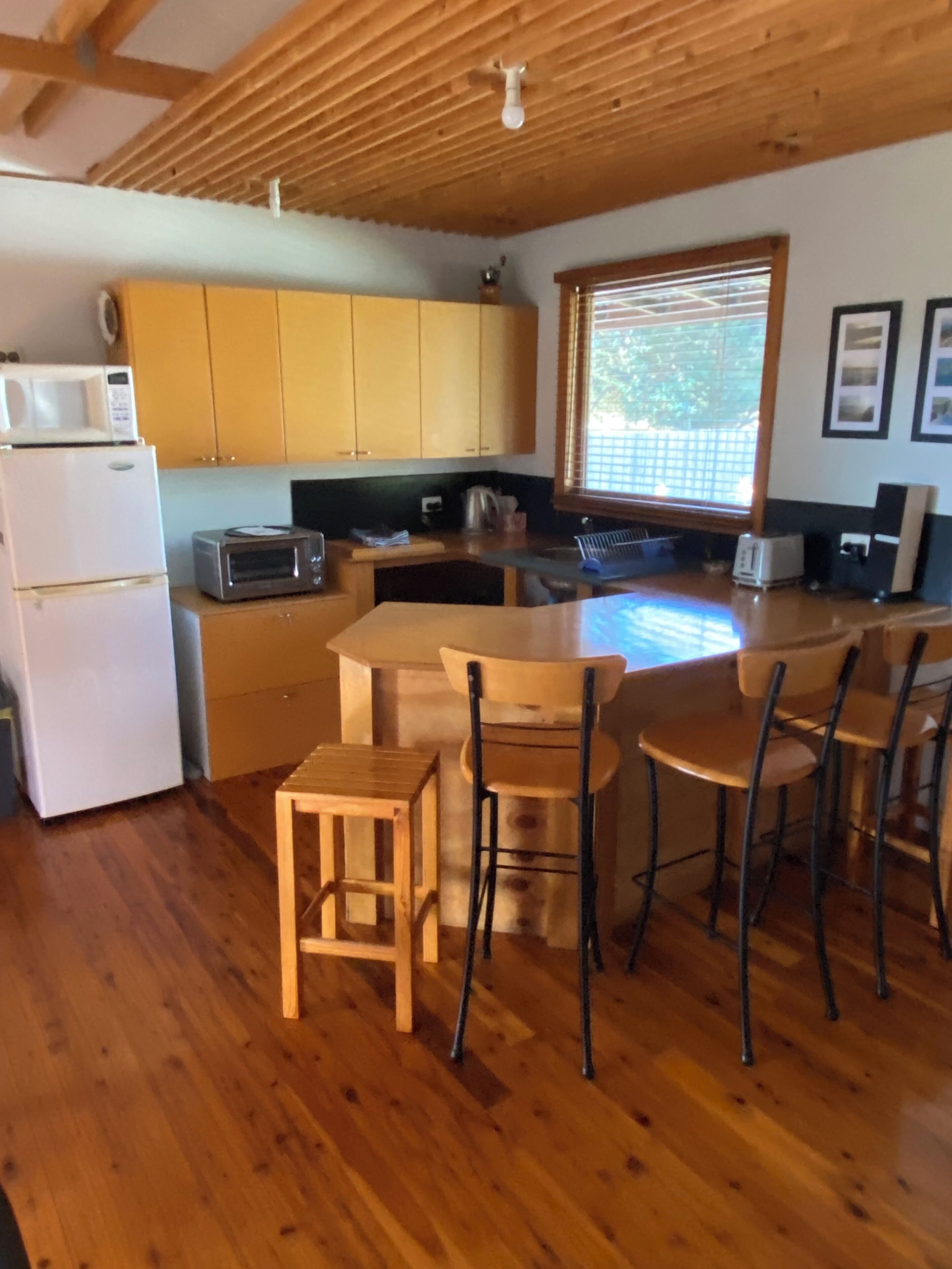 Fridge, microwave, electric kettle, toaster