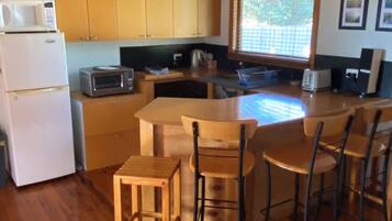 Fridge, microwave, electric kettle, toaster