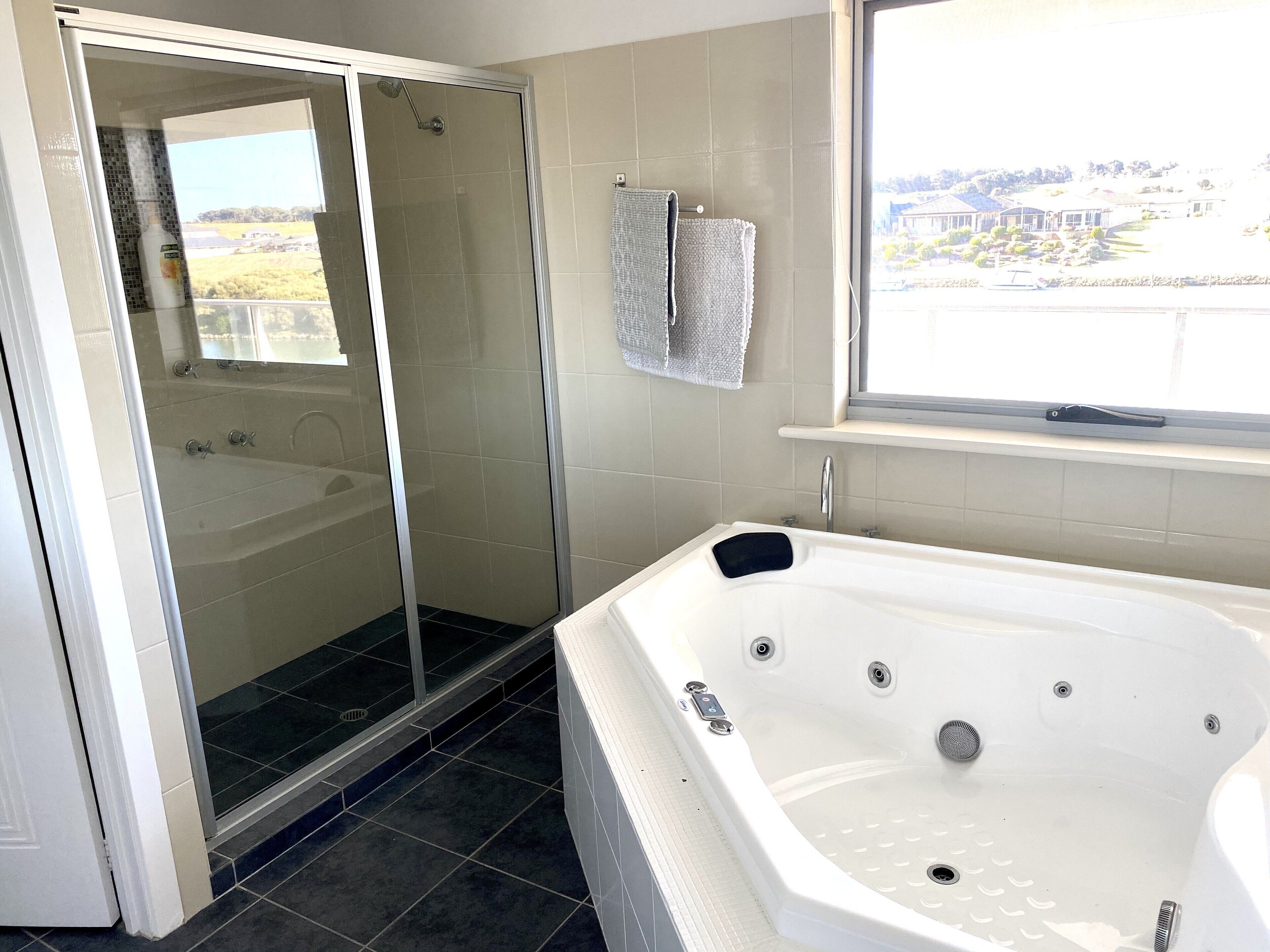 Bathtub, hair dryer, soap, toilet paper