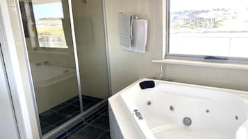 Bathtub, hair dryer, soap, toilet paper