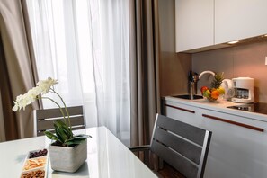 Studio Suite Premium, dapur kecil, pemandangan kota | Dapur kecil pribadi | Lemari es kecil, mesin pembuat kopi/teh, dan ketel listrik
