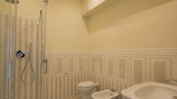 Shower, hair dryer, bidet, towels
