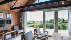 Una sala de estar moderna con paredes de madera, un televisor grande y vistas al exterior.