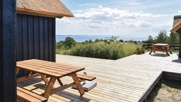 Una terraza de madera con una mesa de picnic y una estructura de techo de paja.
