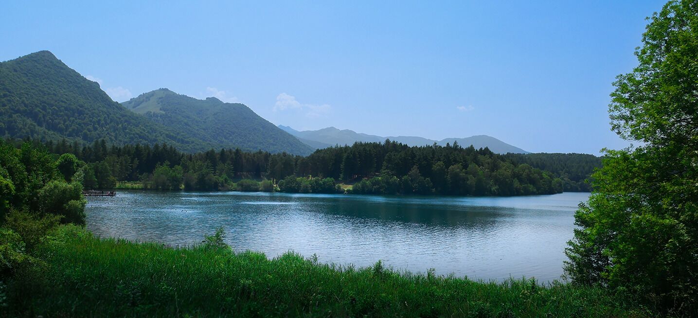 Un lago sereno rodeado de exuberante vegetación y montañas.